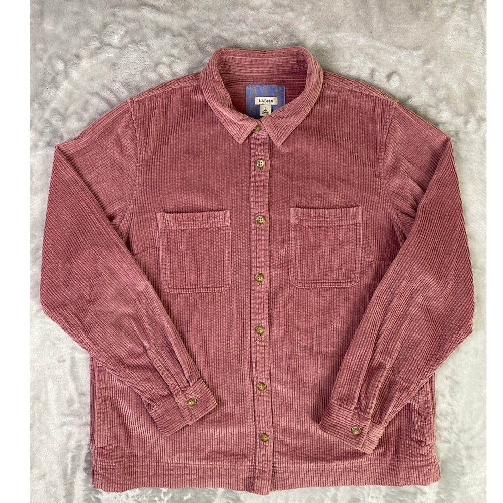 LL Bean Corduroy Button Down Women Large Pink Shirt 510773 Long Sleeve Cotton